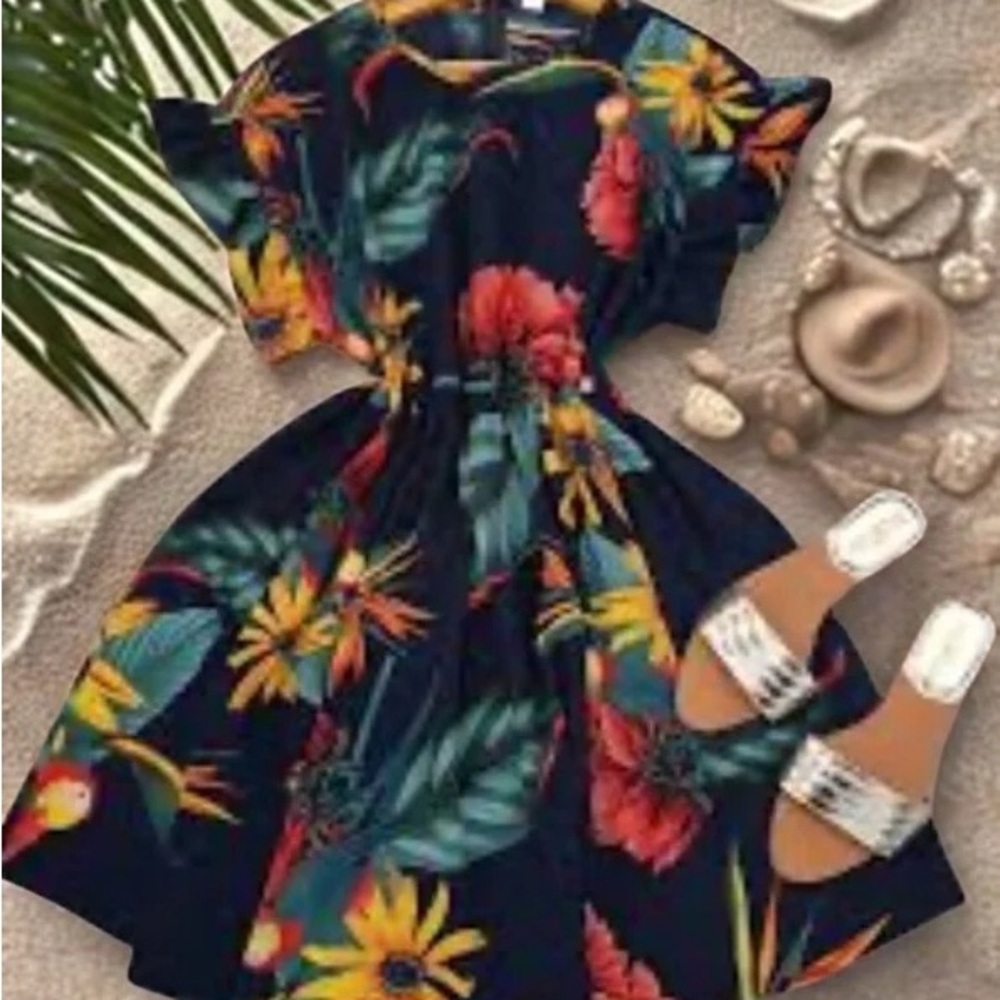 Navy Tropical Floral Ruffle Midi Dress
